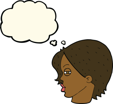 Bir insan tarafından çizilmiş düşünce baloncuğuyla gözlerini kısmış bir kadın yüzü.