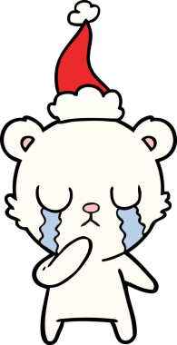 Ağlayan kutup ayısı el çizimi. Bir insan tarafından çizilmiş Noel Baba şapkası.