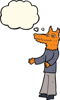 Bir insan tarafından çizilmiş düşünce balonlu tilki adam.