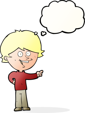 Çizgi filmci çocuk gülüyor ve bir insan tarafından çizilmiş düşünce balonuyla işaret ediyor.