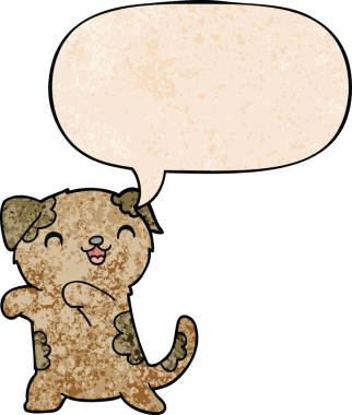 Bir insan tarafından çizilmiş eski moda konuşma baloncuğu olan sevimli çizgi film köpeği.