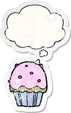 Düşünce baloncuklu çizgi film keki bir insan tarafından çizilmiş yıpranmış bir çıkartma.