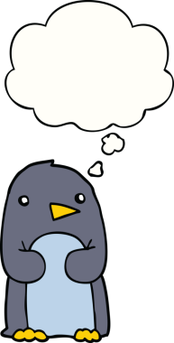 Bir insan tarafından çizilmiş düşünce baloncuklu penguen.