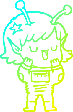 Bir insan tarafından çizilmiş mutlu bir uzaylı kız çizgi filmi.