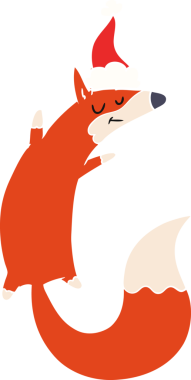 Bir insan tarafından çizilmiş Noel Baba şapkası giymiş zıplayan bir tilkinin düz renk çizimi.