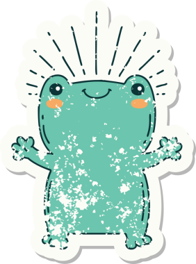 Dövme stili eski bir çıkartma. Bir insan tarafından çizilmiş mutlu kurbağa.