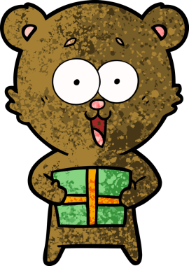 Bir insan tarafından çizilmiş Noel hediyeli gülen oyuncak ayı.