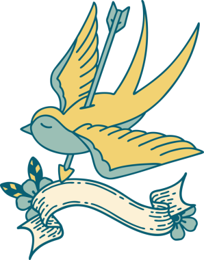 Geleneksel dövmeli bir kırlangıç sancağıyla bir insan tarafından çizilmiş bir okla