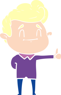 Mutlu düz renkli çizgi film karakteri bir insan tarafından çizilmiş.