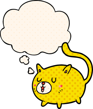 Çizgi roman tarzında bir insan tarafından çizilmiş düşünce baloncuğu olan mutlu bir kedi.