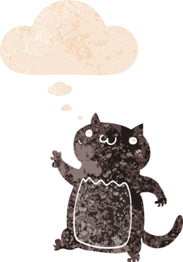 grunge 'da düşünce baloncuğu olan çizgi film kedisi bir insan tarafından çizilmiş dertli retro desenli