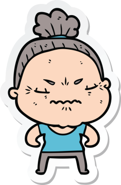 Çizgi film çıkartması. Bir insan tarafından çizilmiş yaşlı bir kadın.