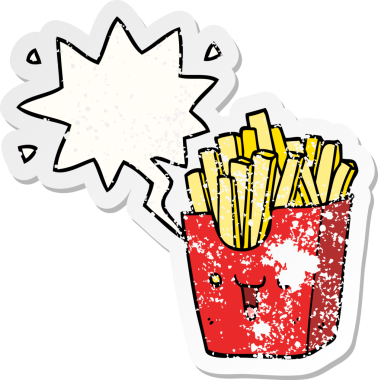 Bir insan tarafından çizilmiş, kederli, yaşlı bir çıkartma, konuşma balonlu, şirin bir patates kızartması kutusu.