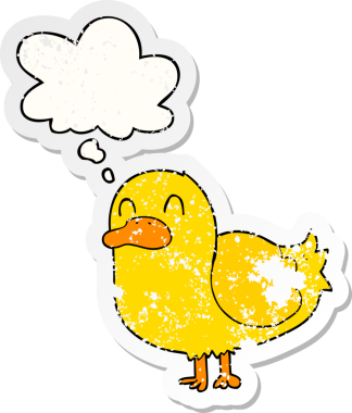 Düşünce baloncuğu olan çizgi film ördeği insan tarafından çizilmiş yıpranmış bir çıkartma.