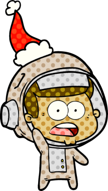 Bir insan tarafından çizilmiş Noel Baba şapkası giyen şaşırmış bir astronotun el çizimi çizgi roman çizimi.