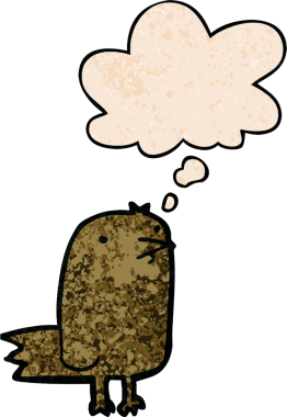 Bir insan tarafından çizilmiş grunge desenli düşünce baloncuklu çizgi film kuşu.