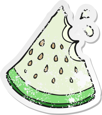 Bir insan tarafından çizilmiş karpuz diliminin retro sıkıntılı çıkartması.