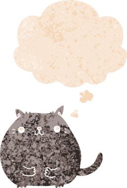 grunge 'da düşünce baloncuğu olan çizgi film kedisi bir insan tarafından çizilmiş dertli retro desenli