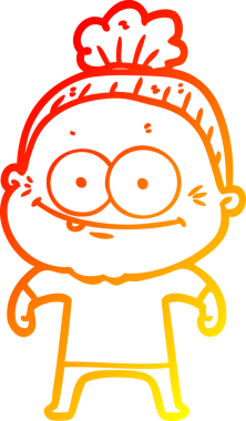 Bir insan tarafından çizilmiş mutlu, yaşlı bir kadının sıcak çizgi çizimi.