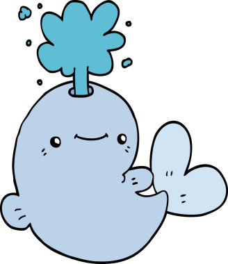 Bir insan tarafından çizilmiş su püskürten çizgi film balinası.