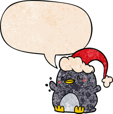 Karikatür pengueni, insan tarafından çizilmiş eski moda konuşma baloncuklu noel şapkası takıyor.