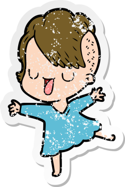 Hipster saç kesimi bir insan tarafından çizilmiş tatlı bir çizgi film kızına ait sıkıntılı bir etiket.