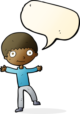 Bir insan tarafından çizilmiş konuşma balonu olan mutlu bir çocuk.