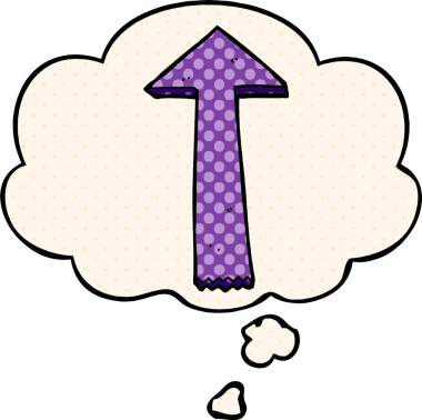 Bir insan tarafından çizilmiş çizgi roman tarzında düşünce baloncuklu ok gösteren çizgi film.