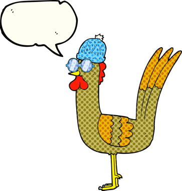 El yazısıyla çizilmiş çizgi roman konuşma balonu tavuk gözlük takıyor ve bir insan tarafından çizilmiş şapka