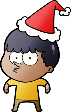 Bir insan tarafından çizilmiş Noel Baba şapkası giymiş meraklı bir çocuğun el çizimi karikatürü.