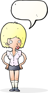 Bir insan tarafından çizilmiş konuşma balonlu elleri olan çizgi film kadını.