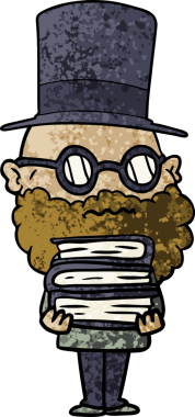 Bir insan tarafından çizilmiş sakallı ve yığınla kitabı olan endişeli bir adam.