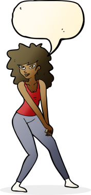 Bir insan tarafından çizilmiş konuşma balonuyla poz veren karikatür kadın.