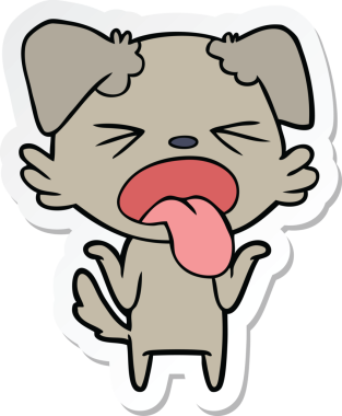 Çizgi film çıkartması. Bir insan tarafından çizilmiş iğrenç bir köpek omuz silkiyor.