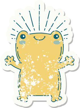 Dövme stili eski bir çıkartma. Bir insan tarafından çizilmiş mutlu kurbağa.