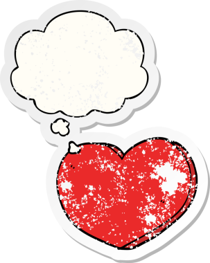 Düşünce baloncuklu karikatür kalbi bir insan tarafından çizilmiş yıpranmış bir çıkartma gibi.