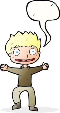 Bir insan tarafından çizilmiş konuşma balonlu sırıtan çocuk.