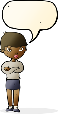 Bir insan tarafından çizilmiş konuşma baloncuğuyla rahatsız bir kadın.