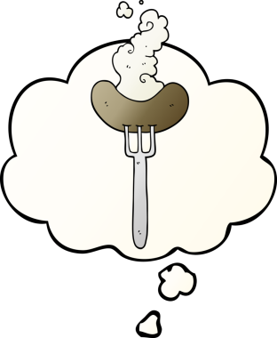 Bir insan tarafından çizilmiş, düşünce kabarcığıyla çatal üzerinde çizgi film sosisi.