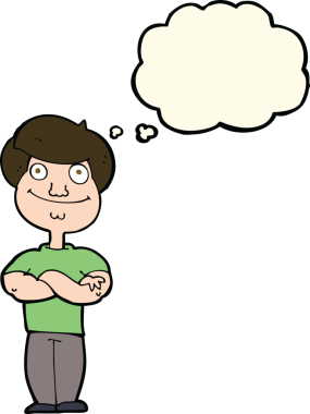 Bir insan tarafından çizilmiş düşünce balonlu mutlu adam çizgi filmi.