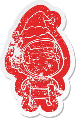 Bir insan tarafından çizilmiş Noel Baba şapkası giyen kendine güvenen bir astronotun garip bir karikatürü.