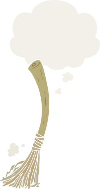 Düşünce baloncuğu olan sihirli süpürge insan tarafından çizilmiş.