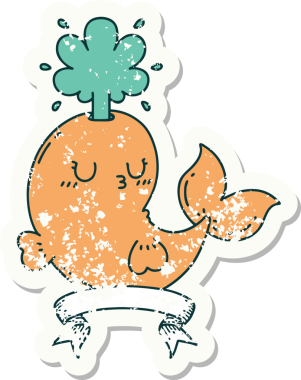 Dövme stili eski bir çıkartma. Bir insan tarafından çizilmiş mutlu, fışkırtan balina karakteri.