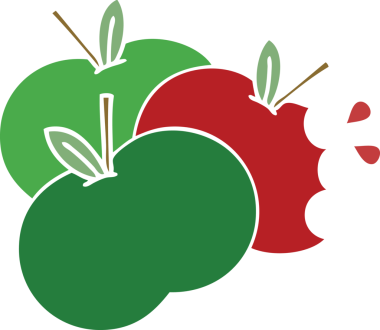 Bir insan tarafından çizilmiş sulu bir elmanın düz renkli retro karikatürü