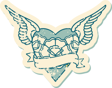 İkonik sıkıntılı dövme stili kanatlı kalp resmi çiçekler ve bir insan tarafından çizilmiş pankart