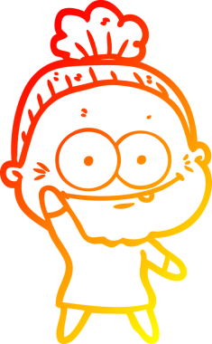 Bir insan tarafından çizilmiş mutlu, yaşlı bir kadının sıcak çizgi çizimi.