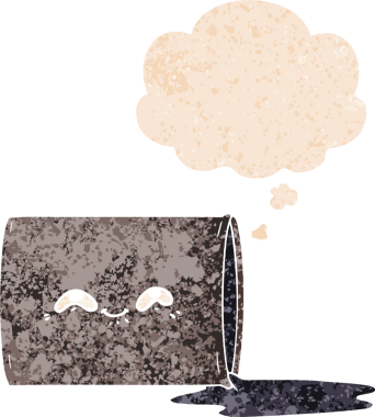 Düşünce baloncuklu çizgi film yağ varili grunge sıkıntılı retro dokuma tarzı bir insan tarafından çizilmiş