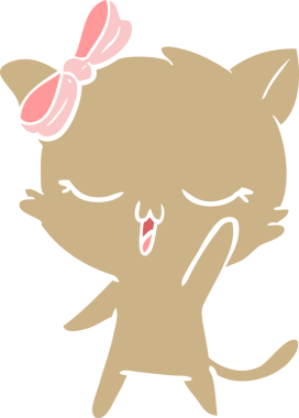 Düz renkli çizgi film kedisi. Başında bir insan tarafından çizilmiş fiyonk var.