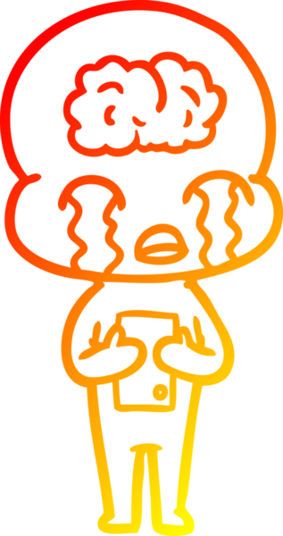 Bir çizgi filmin sıcak çizgi çizimi. Bir insan tarafından çizilmiş ağlayan büyük beyin uzaylısı.