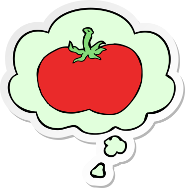 Düşünce baloncuklu çizgi film domatesi insan tarafından çizilmiş bir çıkartma.